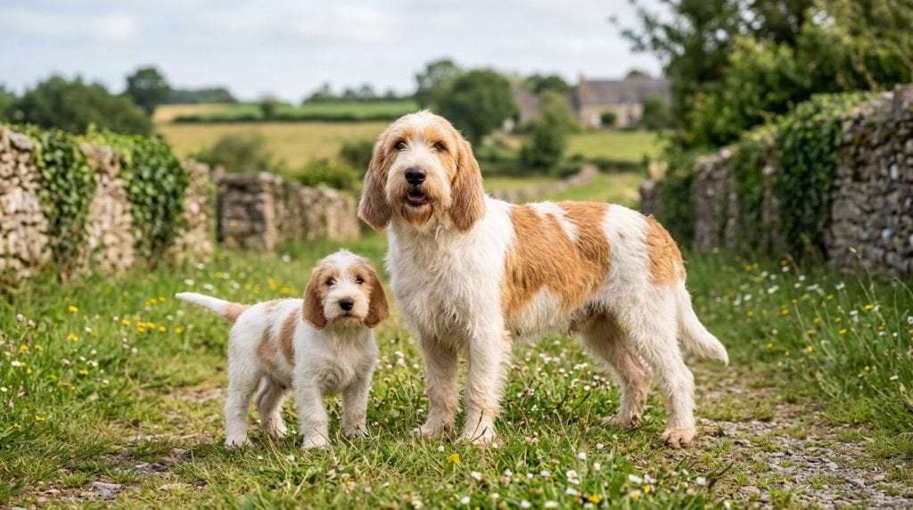 Adult Grand Basset Griffon Vendéen and Grand Basset Griffon Vendéen puppy standing together on a country path in rural France with rough coats, long ears, and traditional stone walls in the background.