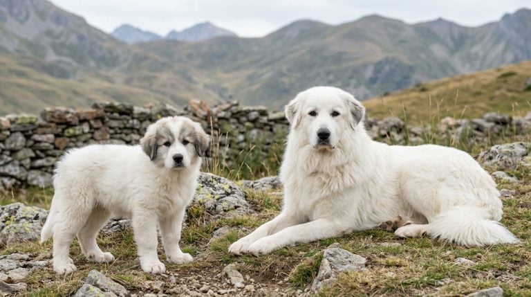 Adult white Great Pyrenees reclining beside a young puppy on a rocky Pyrenean mountain pasture.