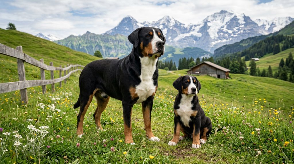 Adult Greater Swiss Mountain Dog with a Greater Swiss Mountain Dog puppy standing in a Swiss alpine meadow with mountain scenery.
