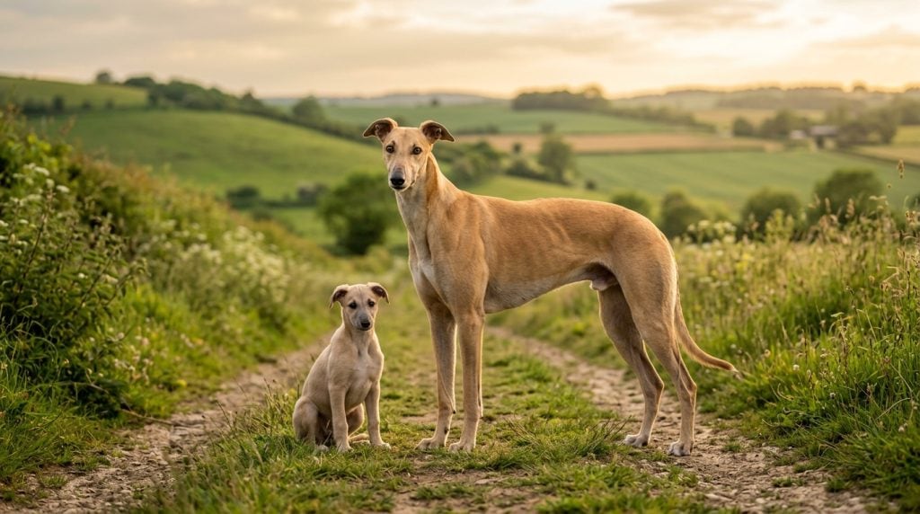 Adult Greyhound standing tall on a countryside path with a puppy sitting beside it, showcasing the breed’s slender build and long legs in warm natural light