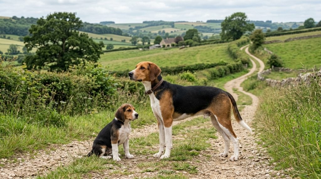 Adult Harrier dog with a Harrier puppy standing on a countryside path in rolling English farmland.