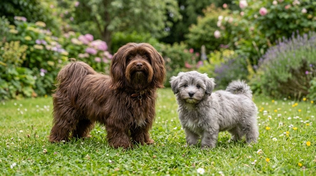 Adult Havanese standing in a garden beside a Havanese puppy.