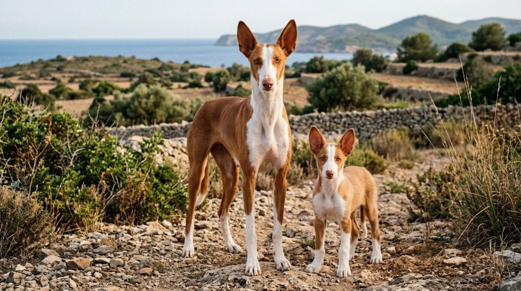 Adult Ibizan Hound and Ibizan Hound puppy standing together in the rocky Mediterranean countryside of Ibiza, Spain, with stone walls, coastal views, and distinctive upright ears.