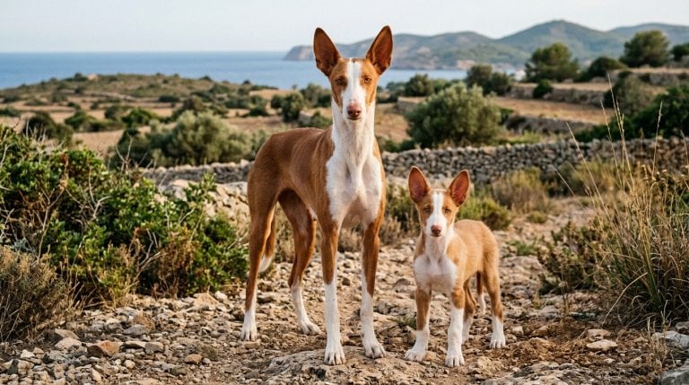 Adult Ibizan Hound and Ibizan Hound puppy standing together in the rocky Mediterranean countryside of Ibiza, Spain, with stone walls, coastal views, and distinctive upright ears.