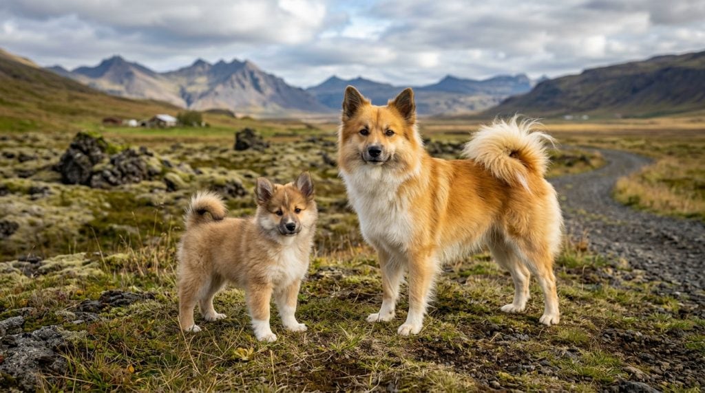 Adult Icelandic Sheepdog and Icelandic Sheepdog puppy standing together in the volcanic countryside of Iceland, showing the breed's thick double coat, curled tail, fox-like expression, and traditional Nordic herding dog appearance.