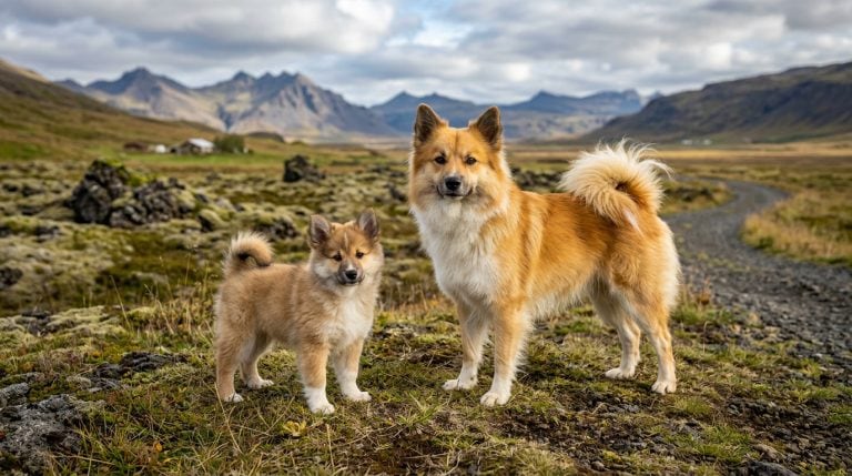 Adult Icelandic Sheepdog and Icelandic Sheepdog puppy standing together in the volcanic countryside of Iceland, showing the breed's thick double coat, curled tail, fox-like expression, and traditional Nordic herding dog appearance.