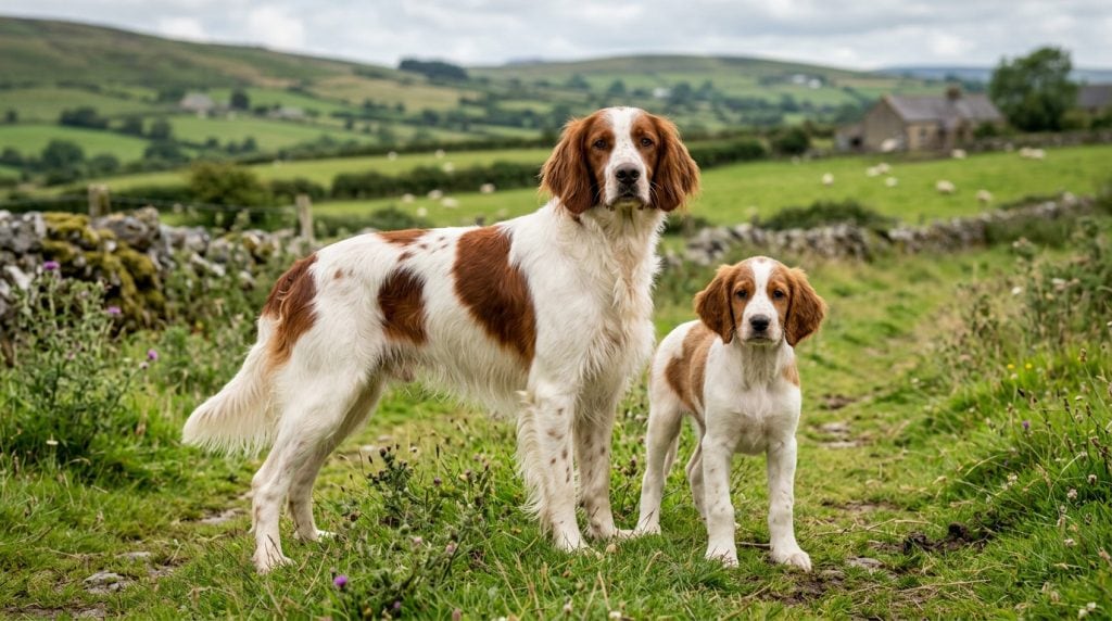 Adult Irish Red and White Setter and Irish Red and White Setter puppy standing together in the rolling countryside of rural Ireland with traditional stone walls, green pastureland, and sheep in the distance.