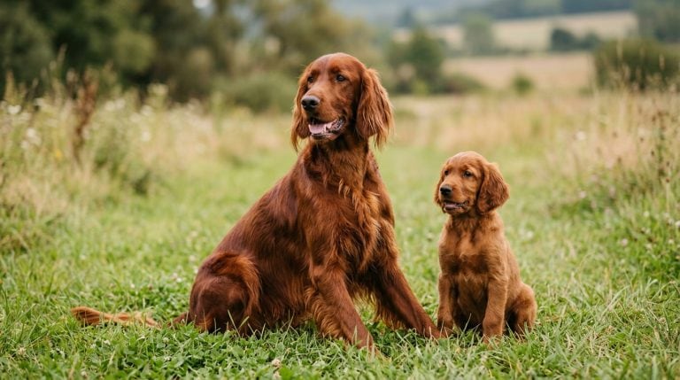 Adult Irish Setter sitting beside an Irish Setter puppy in an open grassy field.