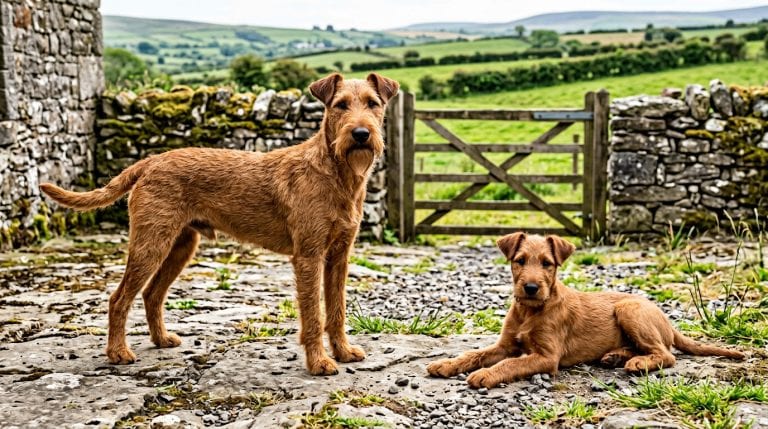 Adult red Irish Terrier standing beside a relaxed young puppy in a rural Irish stone farmyard.
