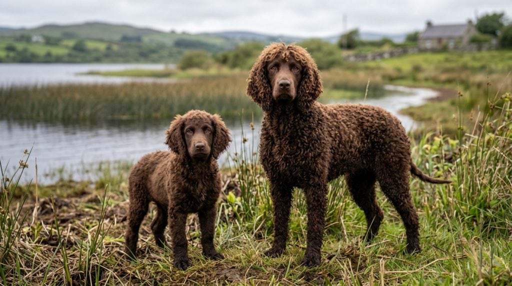 Adult Irish Water Spaniel and Irish Water Spaniel puppy standing beside a lakeside wetland in rural Ireland, displaying the breed's distinctive liver-coloured curly coat, topknot, and water-retrieving heritage.