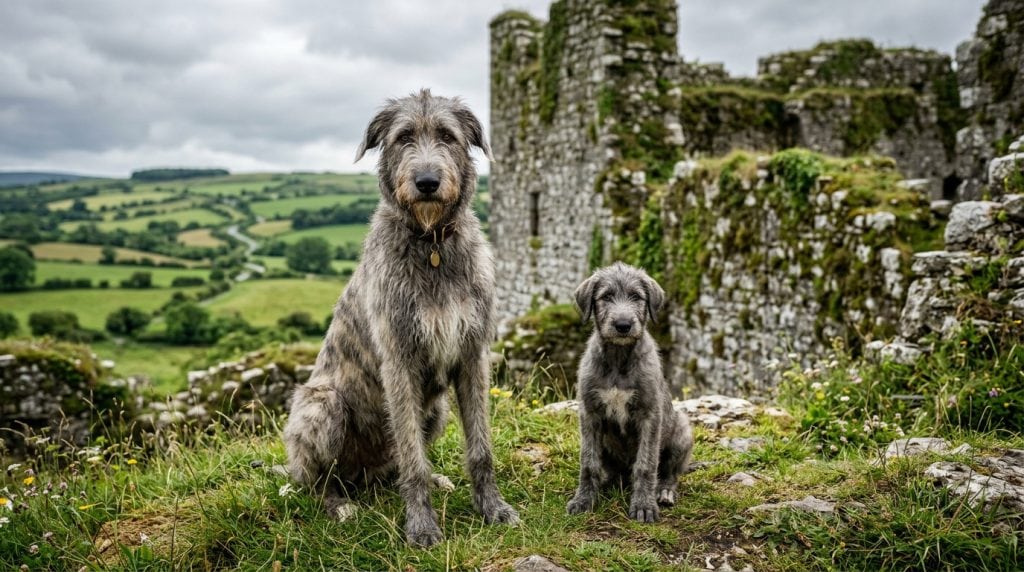 Irish Wolfhound adult dog and puppy sitting in front of ancient castle ruins in the Irish countryside, showing a tall slender build, rough grey coat, and long narrow face.