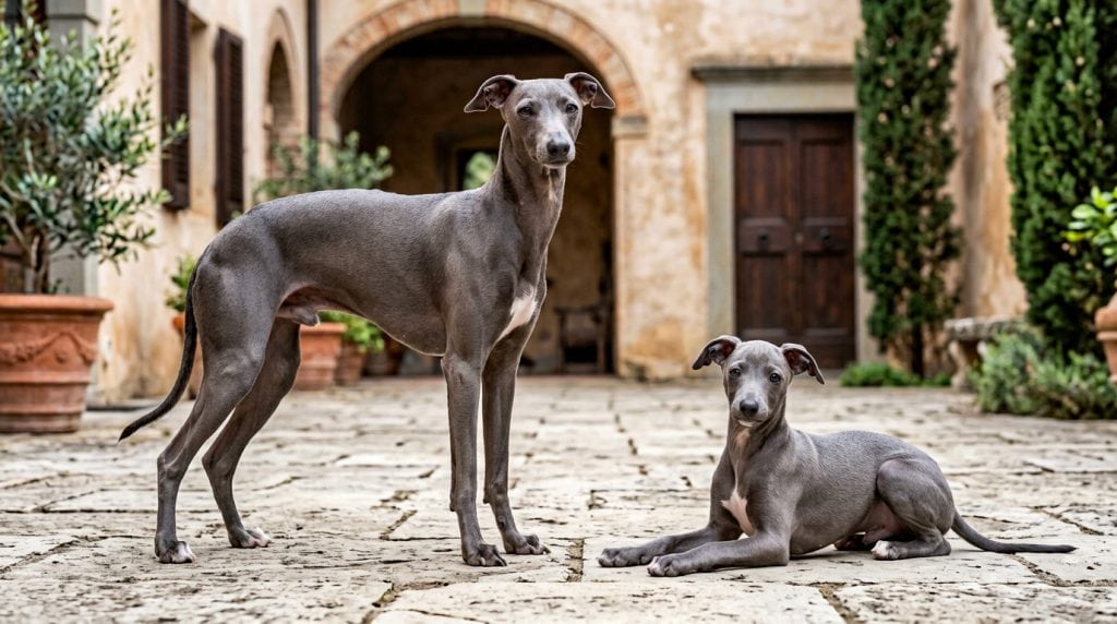 Adult blue-grey Italian Greyhound standing beside a young puppy in a traditional Italian courtyard.