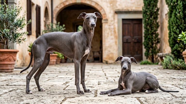 Adult blue-grey Italian Greyhound standing beside a young puppy in a traditional Italian courtyard.