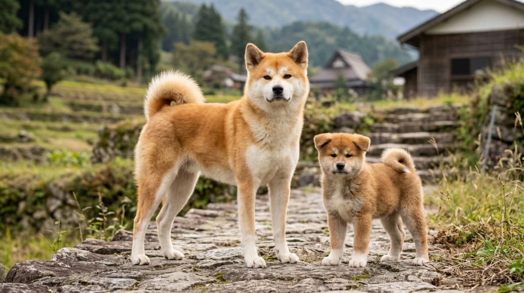 Adult Japanese Akitainu and Japanese Akitainu puppy standing on a traditional stone pathway in rural Japan, displaying the breed's red coat, curled tail, upright ears, and characteristic urajiro markings.
