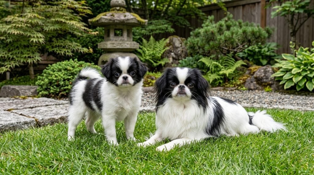 Adult Japanese Chin with a Japanese Chin puppy resting together in a natural garden-style outdoor setting looking toward the camera.