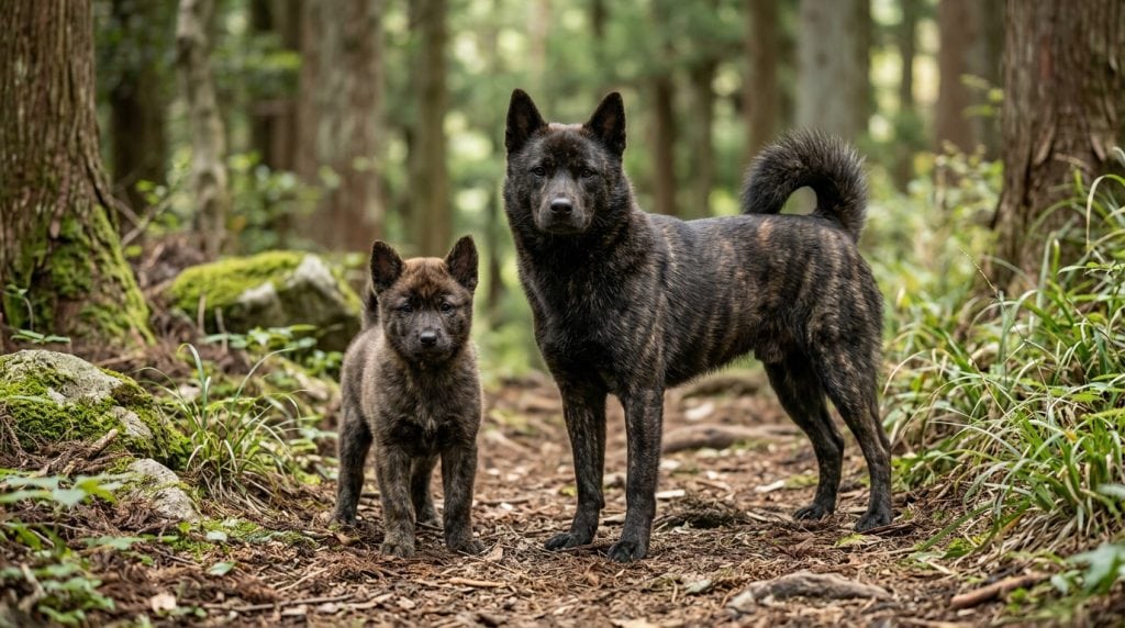Adult Kai Ken and Kai Ken puppy standing on a woodland trail in the mountain forests of Japan, displaying the breed's distinctive brindle coat, curled tail, upright ears, and athletic spitz build.
