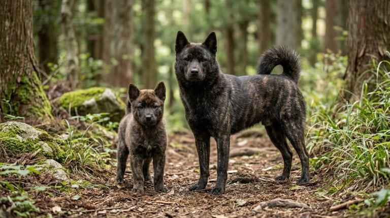 Adult Kai Ken and Kai Ken puppy standing on a woodland trail in the mountain forests of Japan, displaying the breed's distinctive brindle coat, curled tail, upright ears, and athletic spitz build.