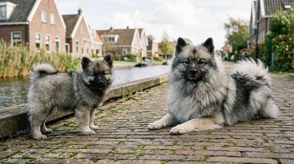 Adult wolf-grey Keeshond lying beside a young puppy on a Dutch canal-side path.