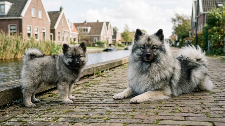 Adult wolf-grey Keeshond lying beside a young puppy on a Dutch canal-side path.