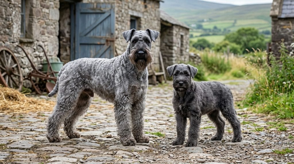 Adult Kerry Blue Terrier and Kerry Blue Terrier puppy standing in a traditional Irish farmyard courtyard, displaying the breed's distinctive blue-grey wavy coat, beard, folded ears, and athletic terrier build.