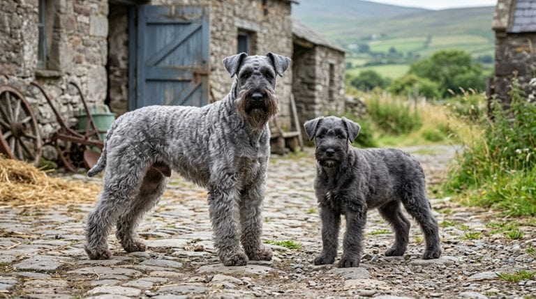 Adult Kerry Blue Terrier and Kerry Blue Terrier puppy standing in a traditional Irish farmyard courtyard, displaying the breed's distinctive blue-grey wavy coat, beard, folded ears, and athletic terrier build.