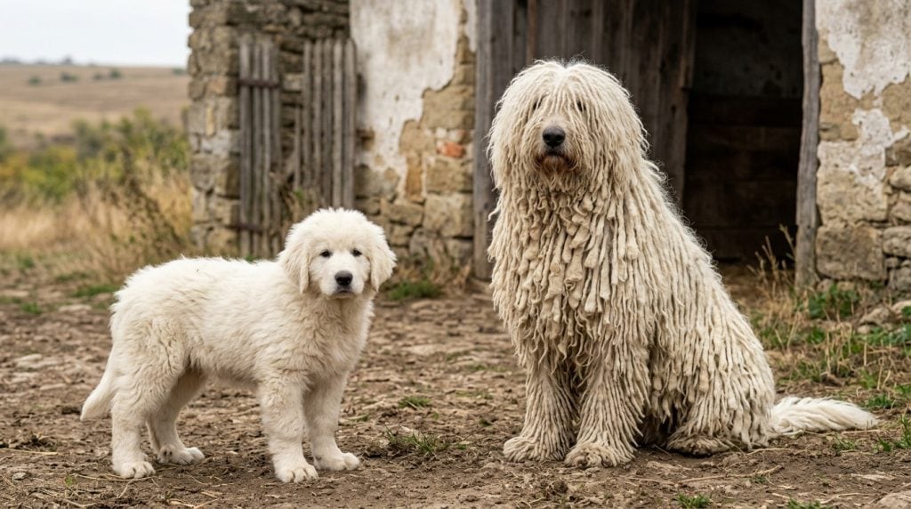 Adult ivory-white Komondor with a fully corded coat sitting beside a young fluffy puppy at a rustic Hungarian farm.