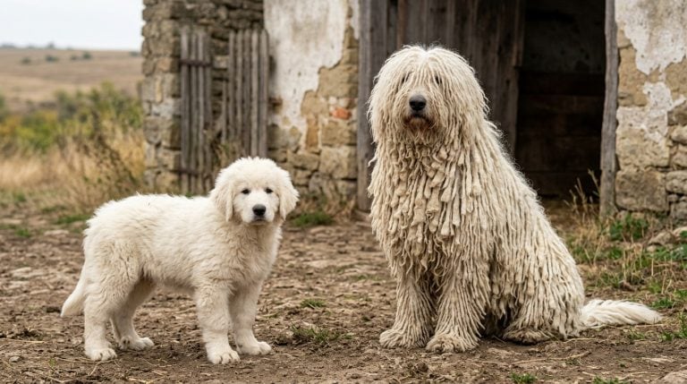 Adult ivory-white Komondor with a fully corded coat sitting beside a young fluffy puppy at a rustic Hungarian farm.