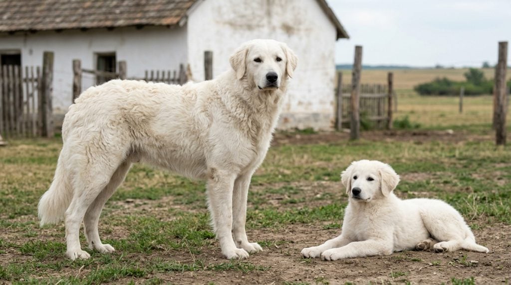 Adult white Kuvasz standing beside a young puppy on a traditional Hungarian farm.
