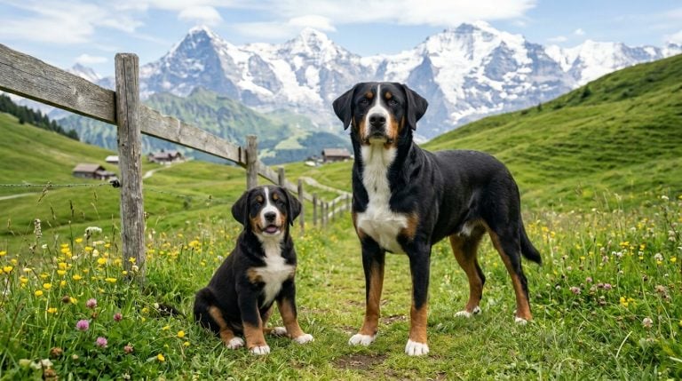Adult Labernese dog with a Labernese puppy standing together in a Swiss alpine meadow with mountain scenery.
