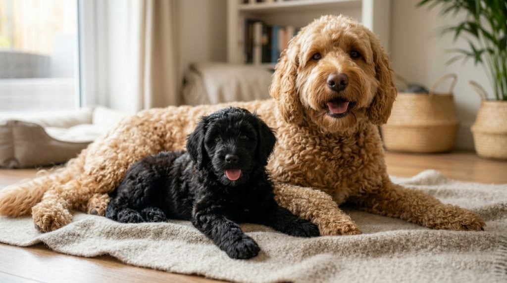 Adult Labradoodle and black Labradoodle puppy indoors on a rug in a cozy living room, both with curly coats and friendly expressions.