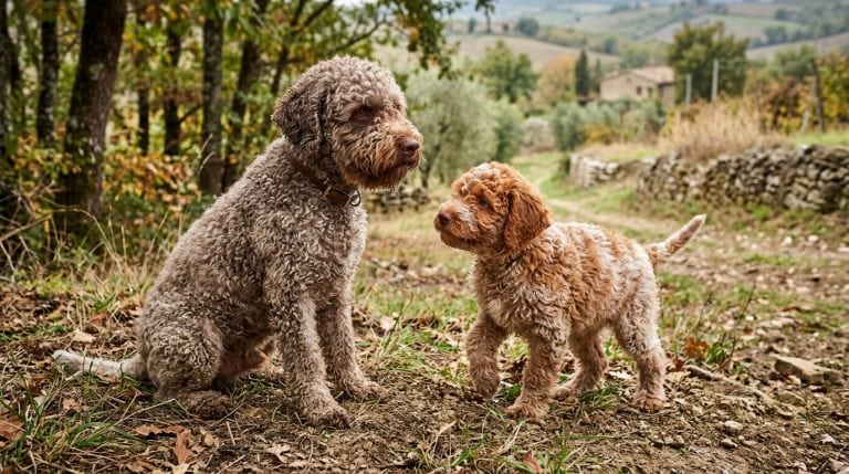 Adult Lagotto Romagnolo with a Lagotto Romagnolo puppy standing on a rustic countryside path in rural Italy.