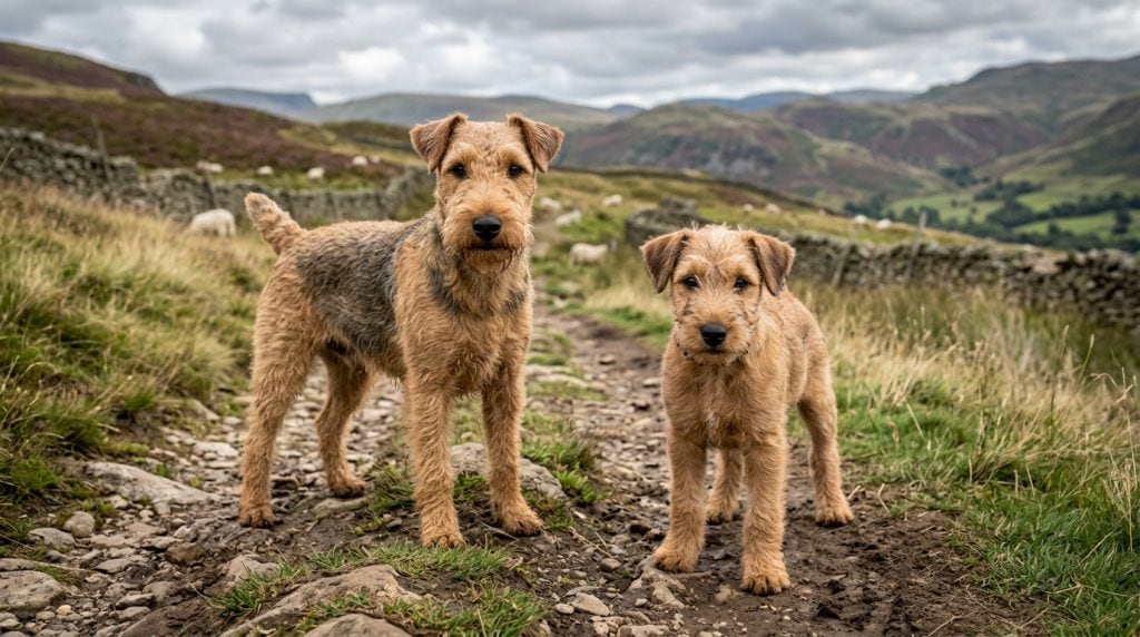 Adult Lakeland Terrier and Lakeland Terrier puppy standing on a rocky hillside path in England's Lake District with dry stone walls and rolling fells in the background.