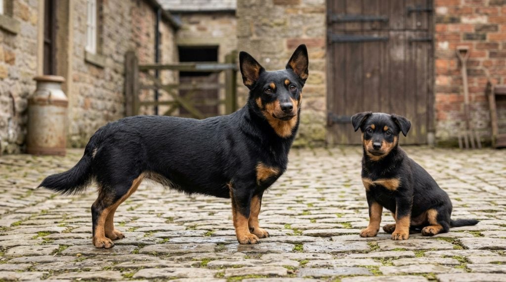 Adult Lancashire Heeler and Lancashire Heeler puppy standing in a traditional English farm courtyard with cobbled stones and rustic buildings, showcasing the breed's compact build and black-and-tan coat.
