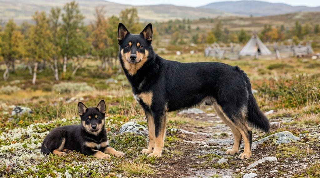 Adult Lapponian Herder and puppy in a Scandinavian tundra landscape with birch woodland and traditional Sami structures, showcasing the breed's athletic build and black-and-tan coat.