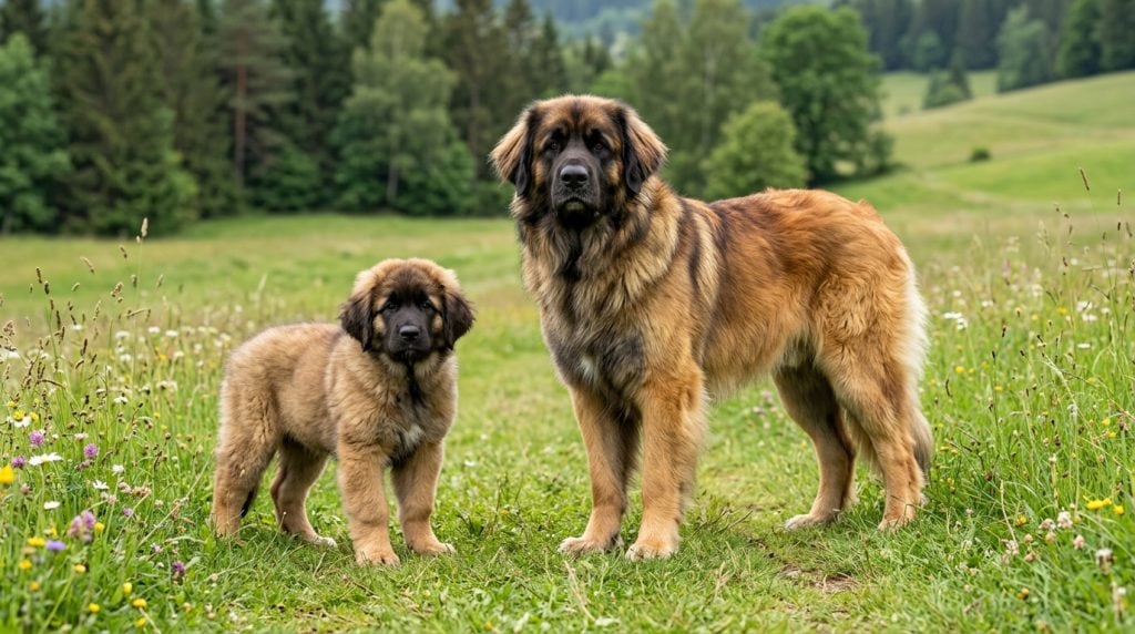 Adult Leonberger with a Leonberger puppy standing together in a natural grassy countryside setting looking toward the camera.