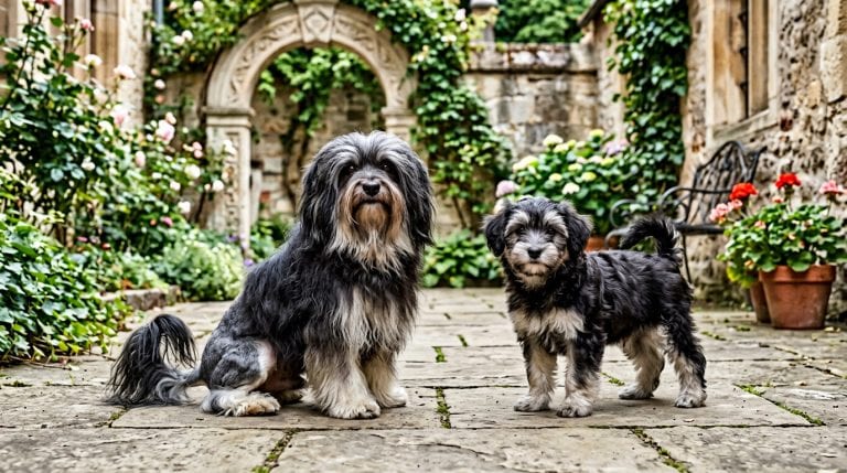 Adult black-and-silver Löwchen in a traditional lion clip sitting beside a young puppy in a historic European courtyard garden.