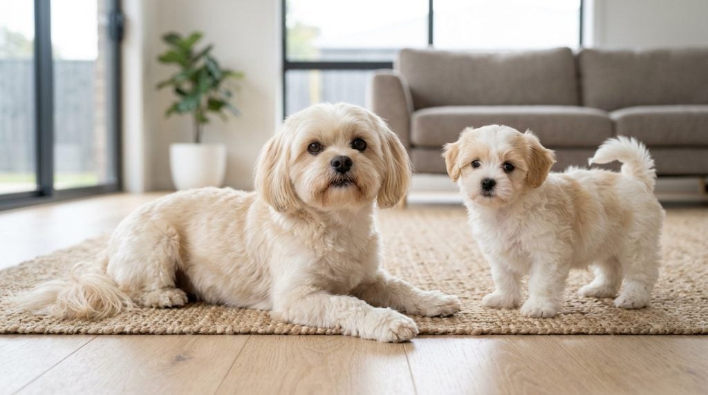 Adult cream-and-white Malshi reclining beside a fluffy young puppy in a bright modern living room.