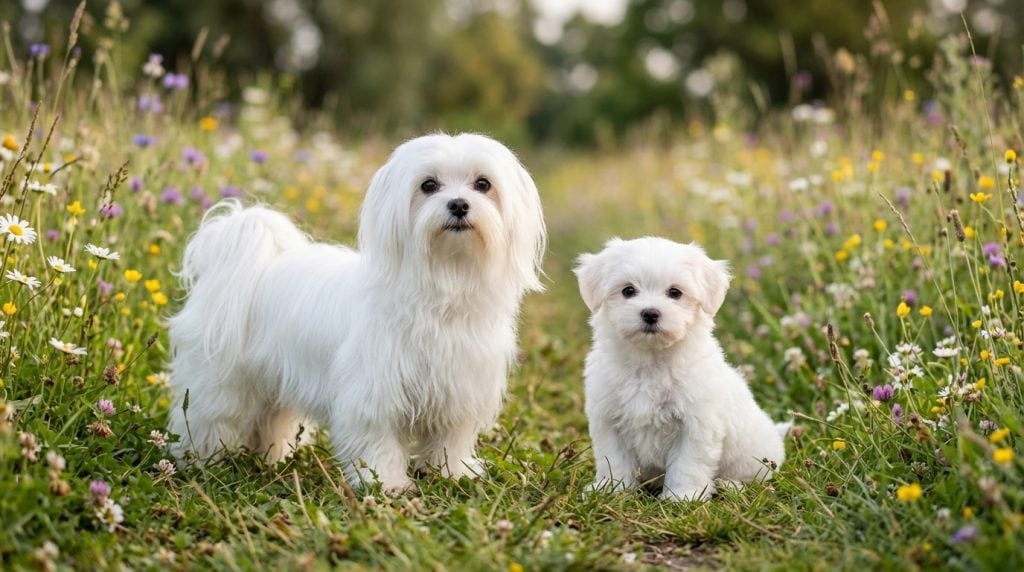 Adult Maltese with long white coat standing in a flower meadow beside a Maltese puppy.
