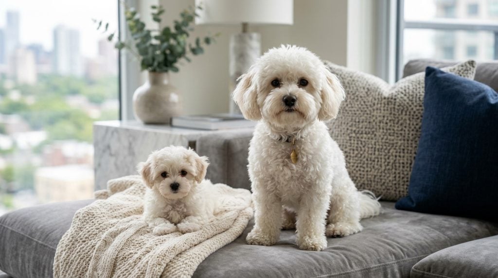 Adult Maltipoo and puppy sitting centered on a modern gray sofa in a bright stylish living room, showing the breed’s fluffy white curly coat, teddy bear face, round dark eyes, floppy ears, and affectionate companion-dog expression with soft natural light and city views in the background.
