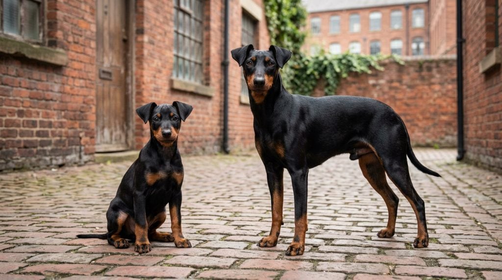 Adult black-and-tan Manchester Terrier standing beside a young puppy in a historic red-brick courtyard.