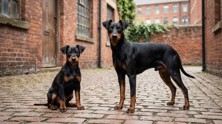 Adult black-and-tan Manchester Terrier standing beside a young puppy in a historic red-brick courtyard.