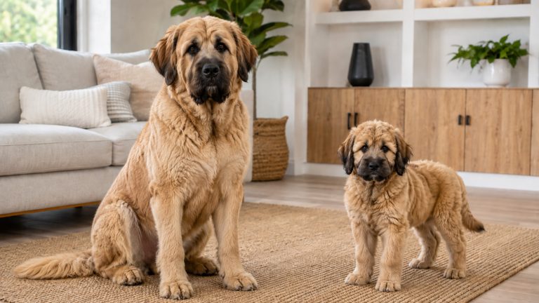 Adult fawn Mastidoodle sitting beside a fluffy young puppy in a bright modern living room.