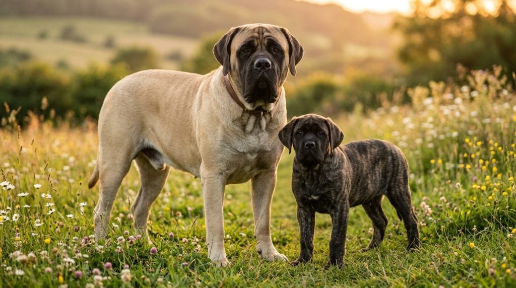 Adult English Mastiff standing in a wildflower meadow beside a brindle Mastiff puppy.