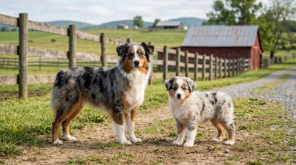 Adult Miniature American Shepherd and Miniature American Shepherd puppy standing together on a traditional American ranch with fencing, pastureland and a red barn in the background.