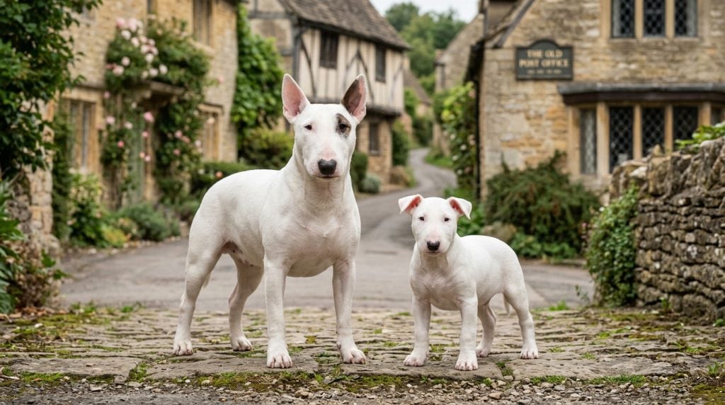 Adult Miniature Bull Terrier and Miniature Bull Terrier puppy standing together on a cobbled lane in a traditional English village surrounded by historic stone cottages.