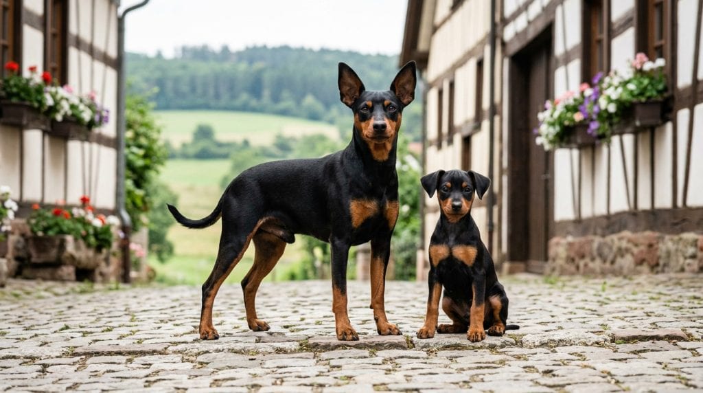 Miniature Pinscher adult and puppy standing on a cobbled village street in Germany