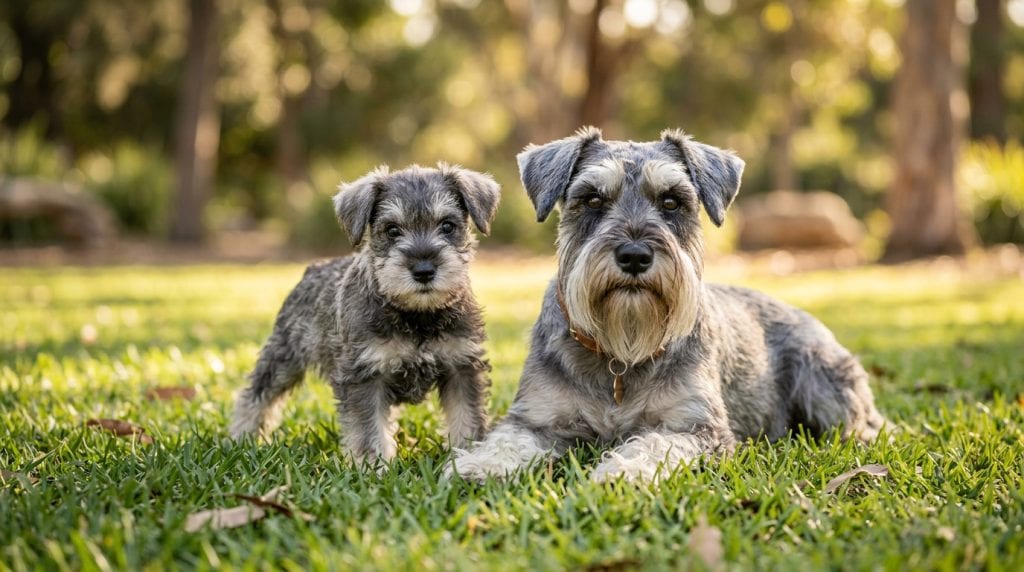 Adult Miniature Schnauzer lying on grass beside a Schnauzer puppy.