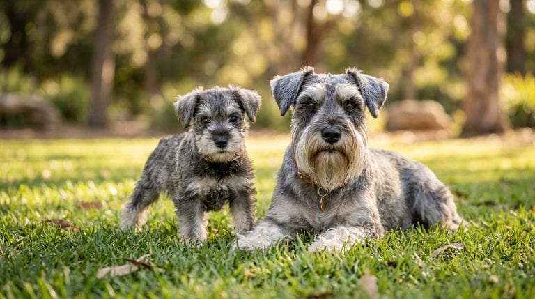 Adult Miniature Schnauzer lying on grass beside a Schnauzer puppy.