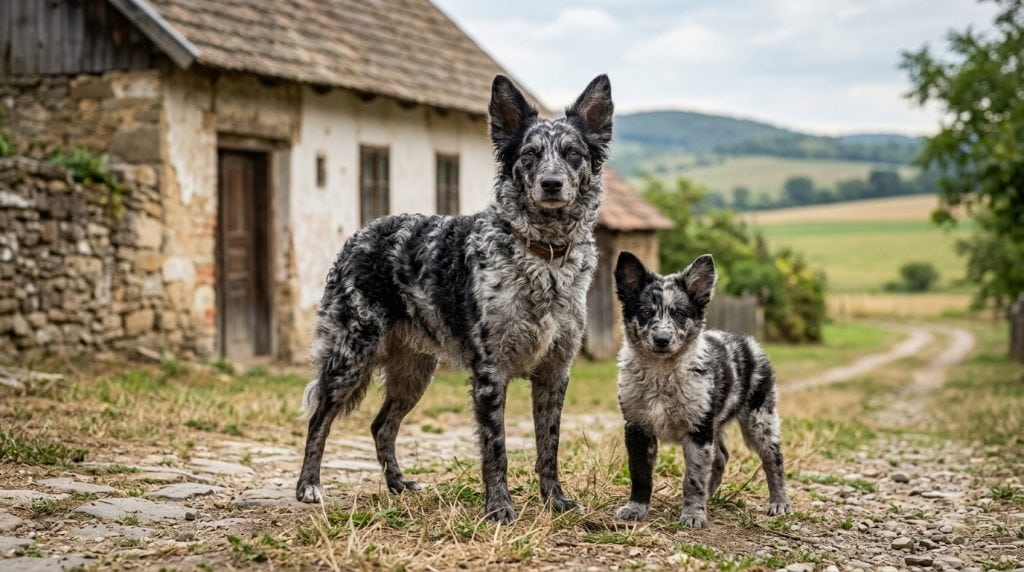 Adult Mudi dog and puppy standing centered on a rustic Hungarian farm path beside an old countryside farmhouse, showing the breed’s curly merle coat, upright pointed ears, athletic herding build, and alert intelligent expression in a natural rural setting.