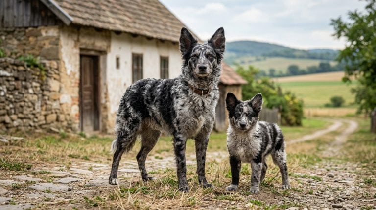 Adult Mudi dog and puppy standing centered on a rustic Hungarian farm path beside an old countryside farmhouse, showing the breed’s curly merle coat, upright pointed ears, athletic herding build, and alert intelligent expression in a natural rural setting.